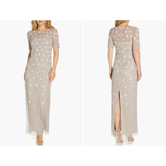 Adrianna Papell Beaded Floral Evening Gown in Marble - Picture 1 of 8
